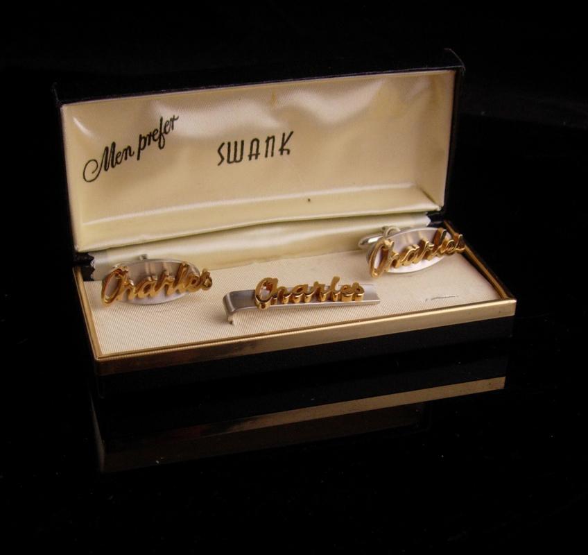 Personalized Charles Cufflinks set / Tieclip / Vintage Swank set / original box / Birthday gift / silver fathers day gift anniversary