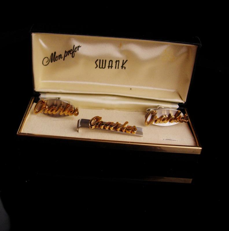 Personalized Charles Cufflinks set / Tieclip / Vintage Swank set / original box / Birthday gift / silver fathers day gift anniversary