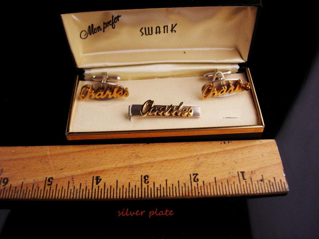 Personalized Charles Cufflinks set / Tieclip / Vintage Swank set / original box / Birthday gift / silver fathers day gift anniversary