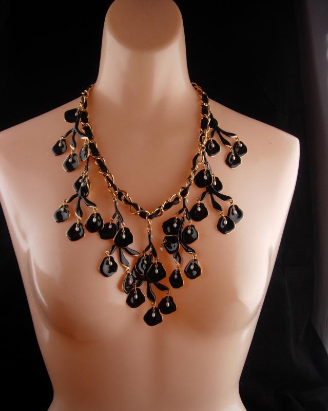HUGE statement necklace / Black enamel / Genuine pearl drops / chandelier bib with extender / designer jewelry / drag queen