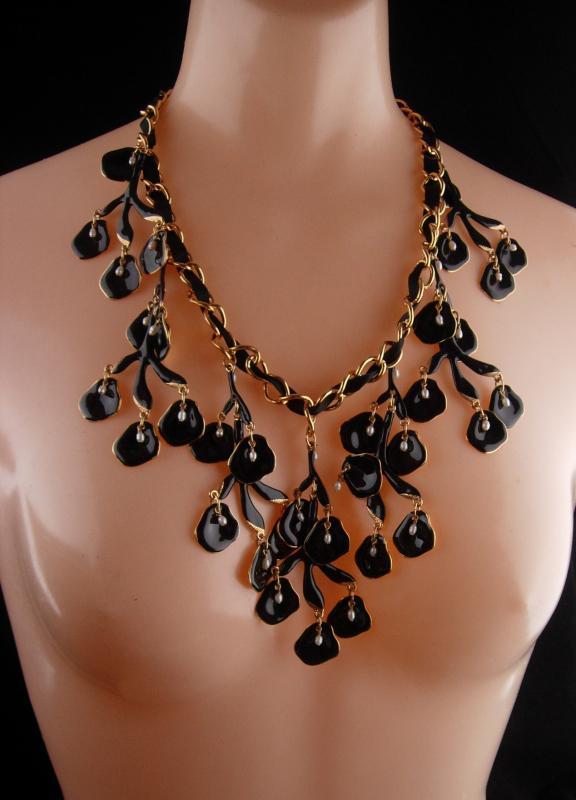 HUGE statement necklace / Black enamel / Genuine pearl drops / chandelier bib with extender / designer jewelry / drag queen