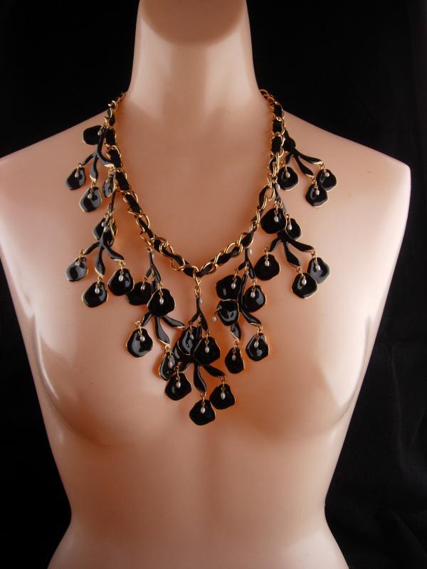 HUGE statement necklace / Black enamel / Genuine pearl drops / chandelier bib with extender / designer jewelry / drag queen