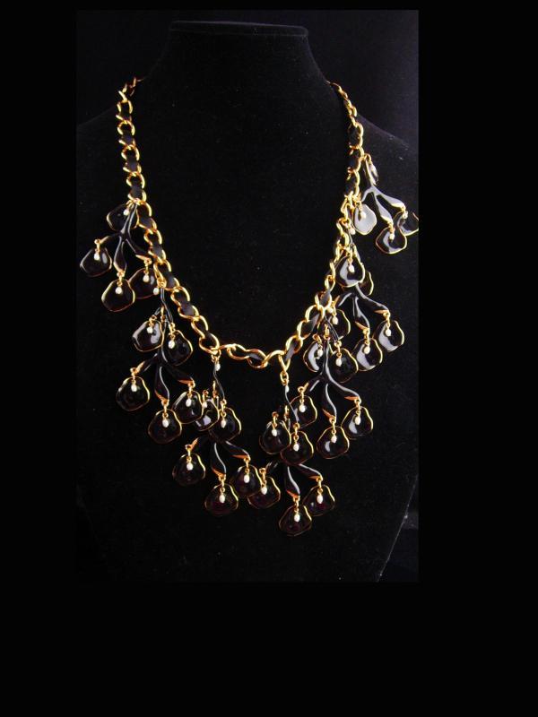 HUGE statement necklace / Black enamel / Genuine pearl drops / chandelier bib with extender / designer jewelry / drag queen