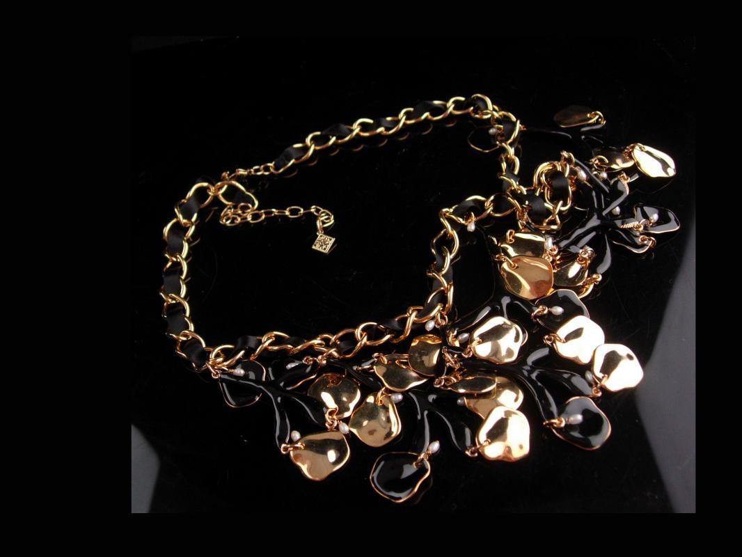 HUGE statement necklace / Black enamel / Genuine pearl drops / chandelier bib with extender / designer jewelry / drag queen