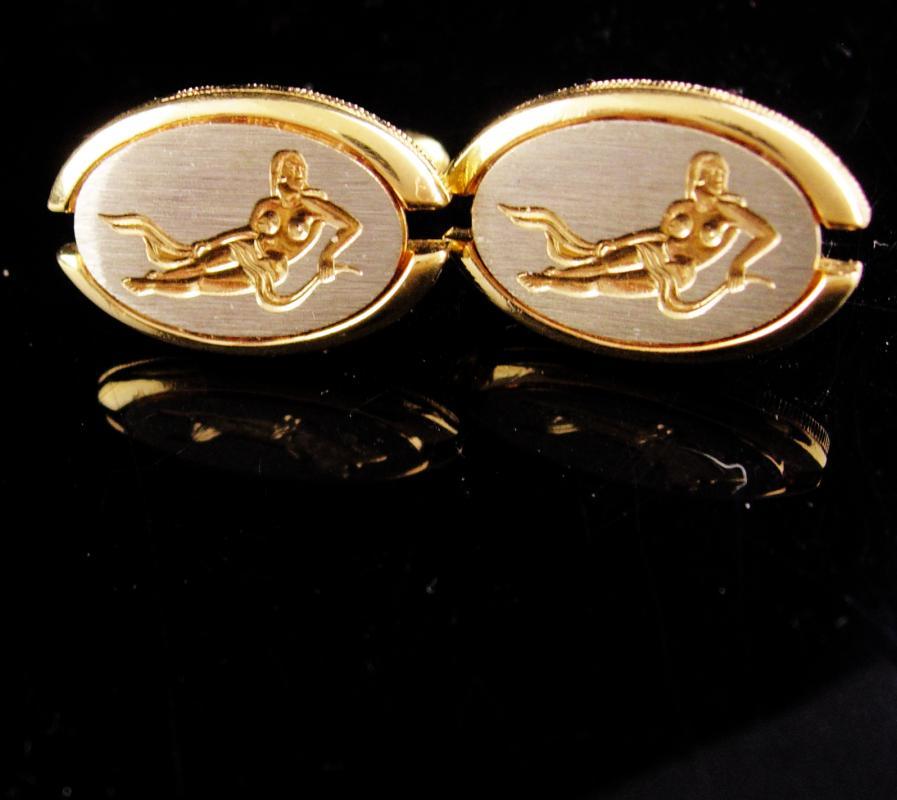 Vintage erotic cufflinks / Vintage Nude Cuff Link set / Men's Novelty / Naughty nude / gold Bachelor Gift / silver sculpture jewelry /