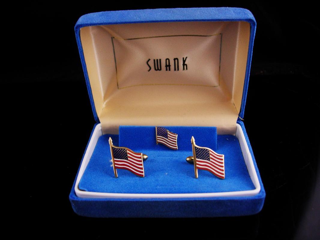 Patriotic Cufflinks set / vintage Swank flag tie tack / USA Red White Blue / Enamel Gold / Military Veteran /original box america cufflinks