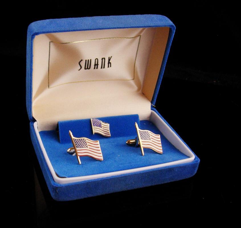 Patriotic Cufflinks set / vintage Swank flag tie tack / USA Red White Blue / Enamel Gold / Military Veteran /original box america cufflinks