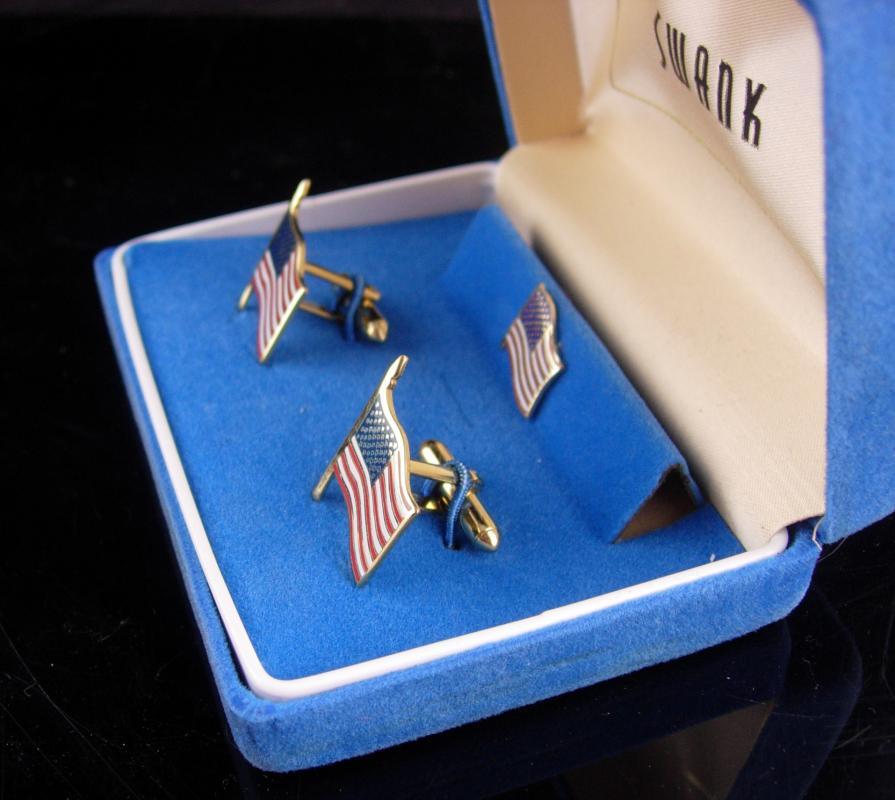 Patriotic Cufflinks set / vintage Swank flag tie tack / USA Red White Blue / Enamel Gold / Military Veteran /original box america cufflinks