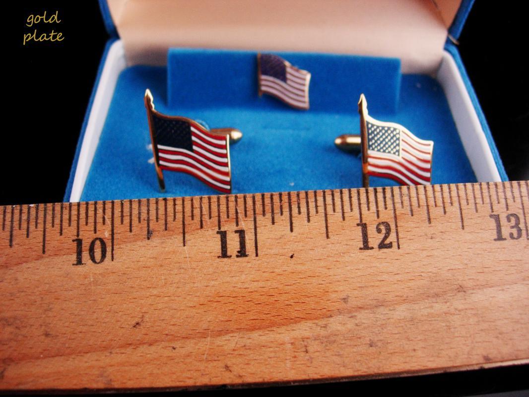 Patriotic Cufflinks set / vintage Swank flag tie tack / USA Red White Blue / Enamel Gold / Military Veteran /original box america cufflinks