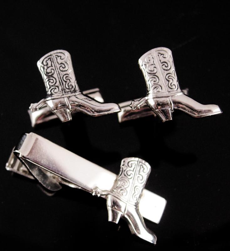 Boot cufflinks / Western Cuff links / silver Cowboy Boot Tie clip / Vintage Spurs / Texas Wild Wild West / Novelty Men's Clothing Accessory
