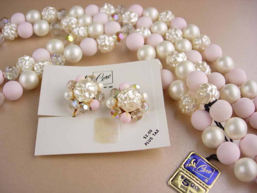Vintage Coro necklace set / original box & tags / Pink 2 strand necklace / baroque pearls / Clip on cluster earrings / mother of the bride