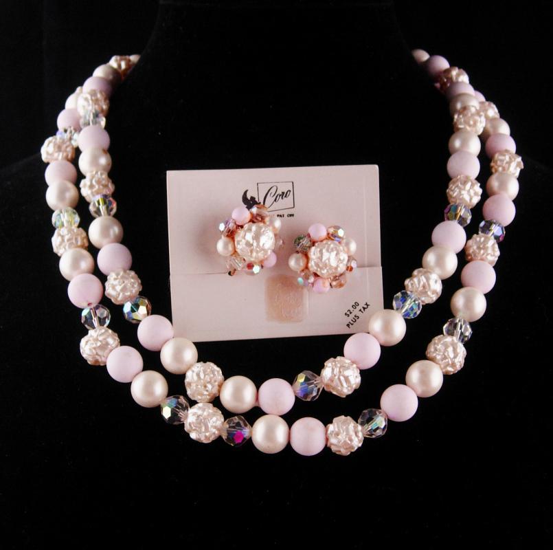 Vintage Coro necklace set / original box & tags / Pink 2 strand necklace / baroque pearls / Clip on cluster earrings / mother of the bride