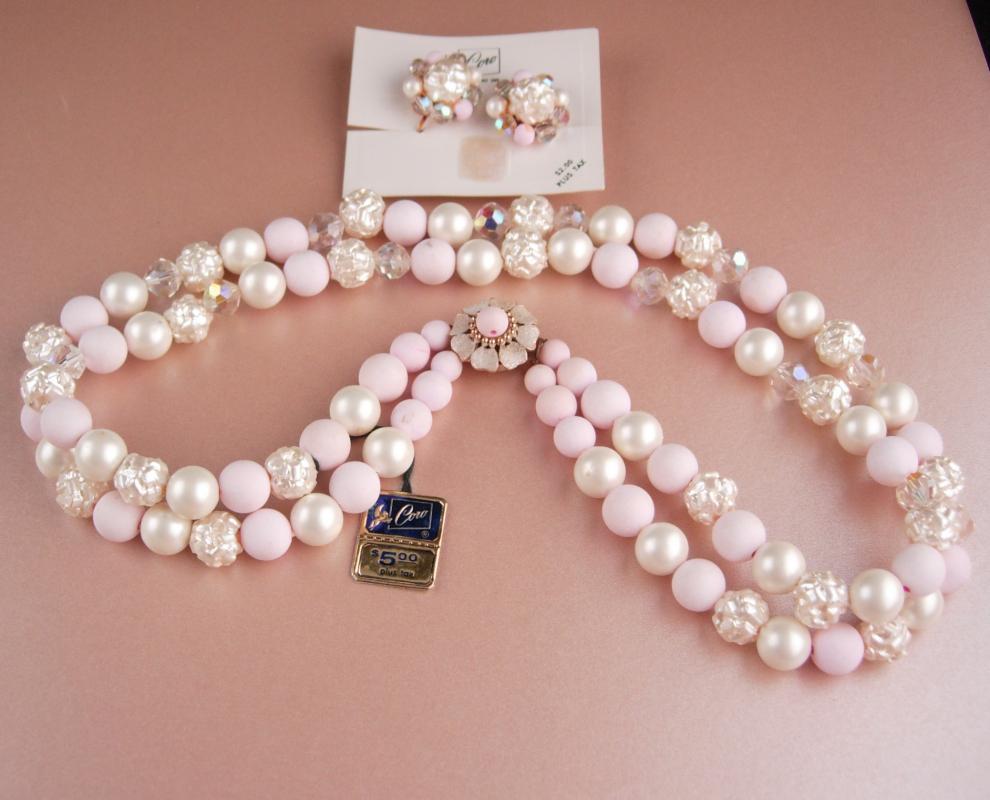 Vintage Coro necklace set / original box & tags / Pink 2 strand necklace / baroque pearls / Clip on cluster earrings / mother of the bride