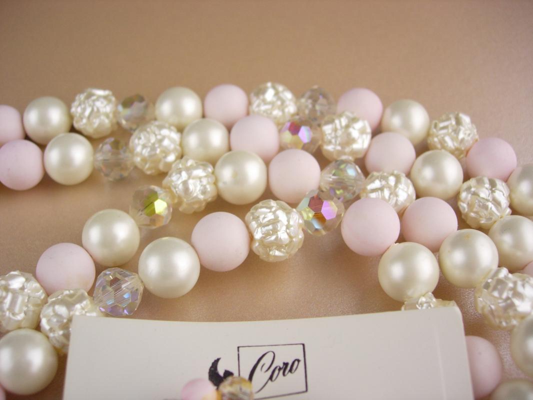 Vintage Coro necklace set / original box & tags / Pink 2 strand necklace / baroque pearls / Clip on cluster earrings / mother of the bride
