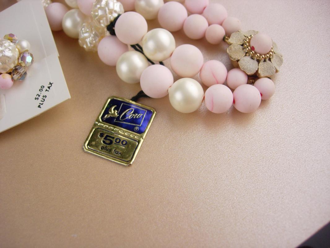 Vintage Coro necklace set / original box & tags / Pink 2 strand necklace / baroque pearls / Clip on cluster earrings / mother of the bride
