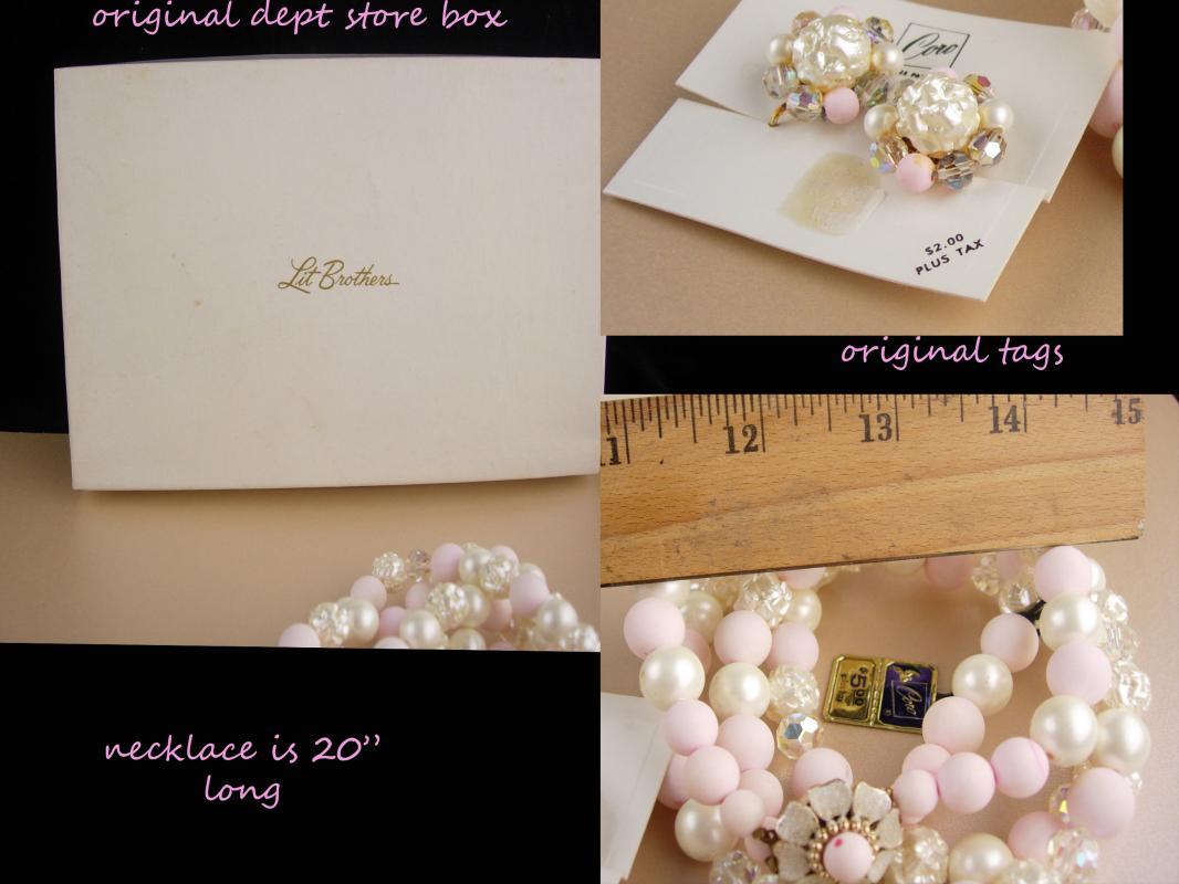 Vintage Coro necklace set / original box & tags / Pink 2 strand necklace / baroque pearls / Clip on cluster earrings / mother of the bride