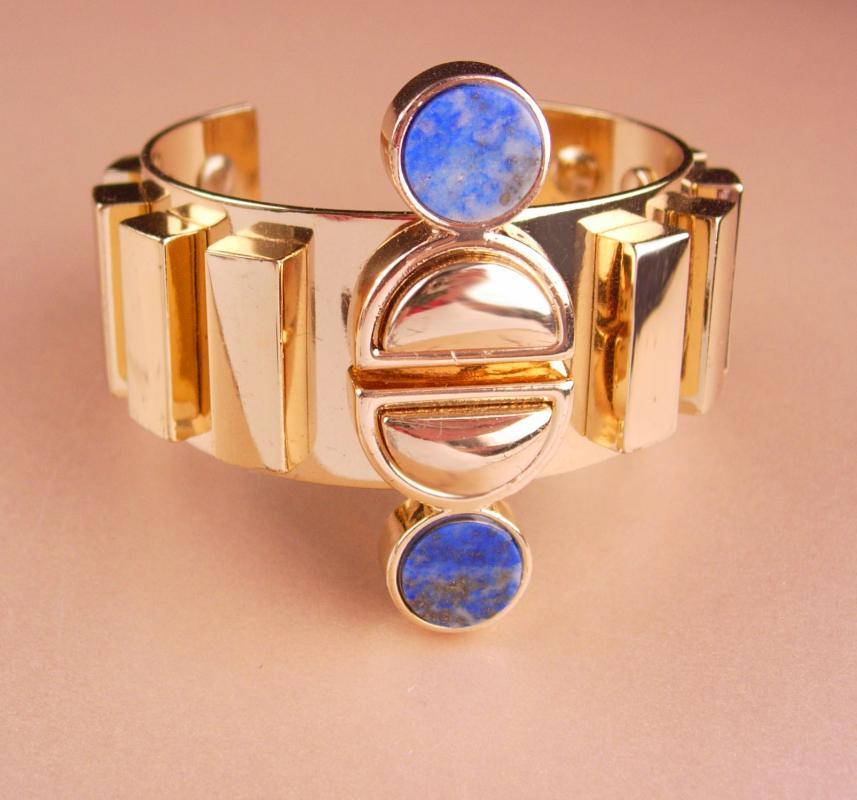 Fabulous Lapis Bracelet / Egyptian revival / wide deco style gold cuff / Designer / 4th 5th 9th 24th 45th anniversary December Sagittarius
