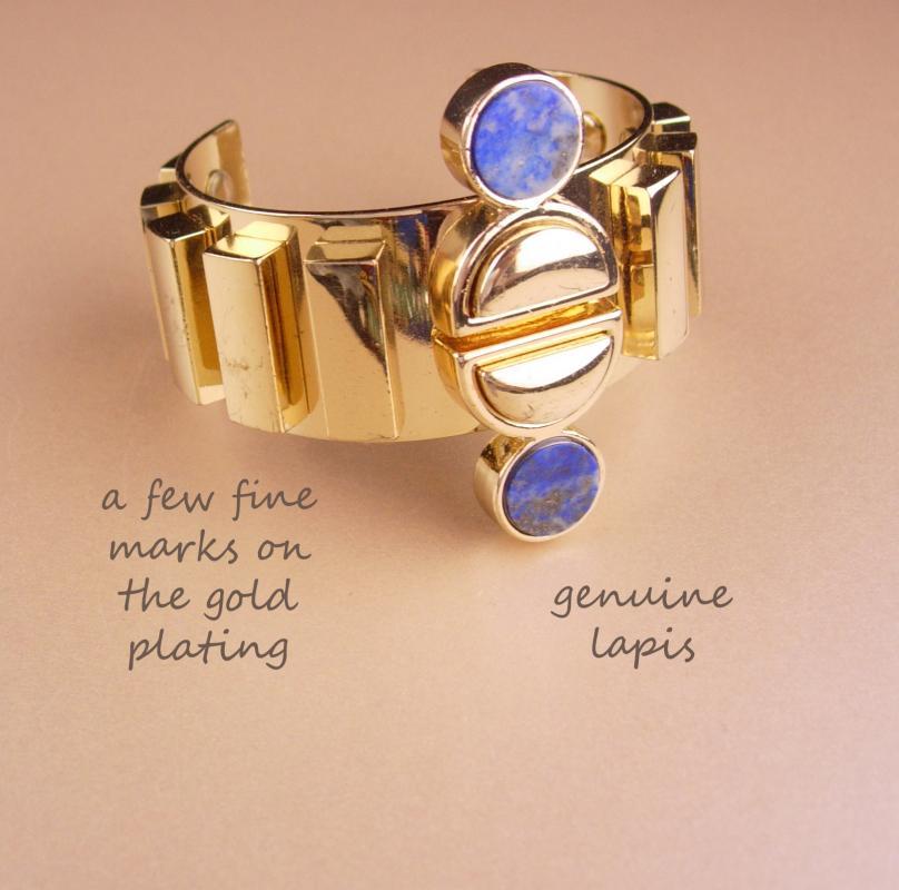 Fabulous Lapis Bracelet / Egyptian revival / wide deco style gold cuff / Designer / 4th 5th 9th 24th 45th anniversary December Sagittarius