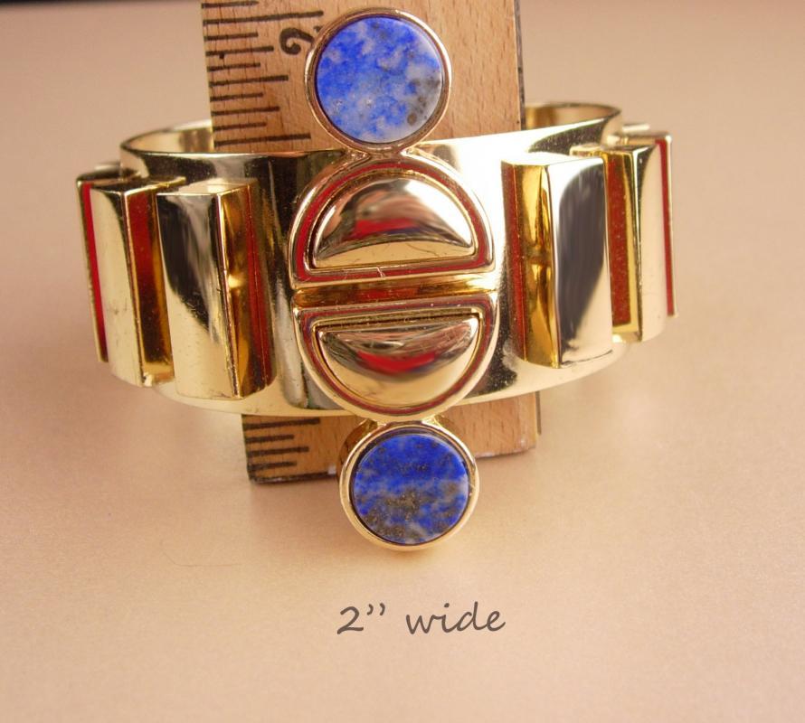 Fabulous Lapis Bracelet / Egyptian revival / wide deco style gold cuff / Designer / 4th 5th 9th 24th 45th anniversary December Sagittarius