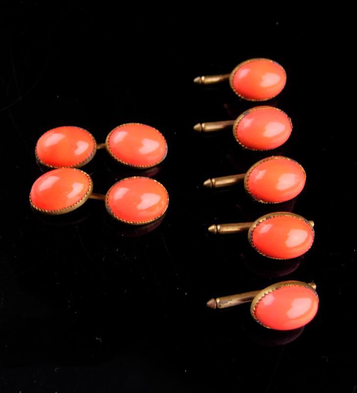 VIctorian coral cufflinks & 5 stud set / Elegant button studs / Antique tuxedo accessory /vintage cufflinks salmon color Jewelry wedding jewelry