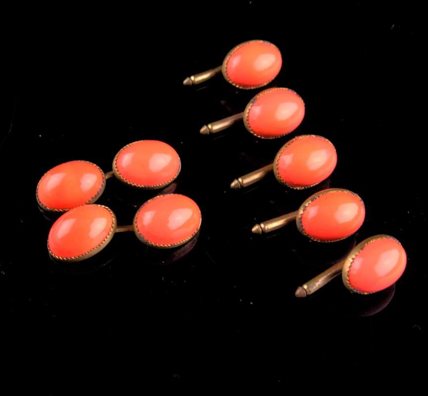 VIctorian coral cufflinks & 5 stud set / Elegant button studs / Antique tuxedo accessory /vintage cufflinks salmon color Jewelry wedding jewelry