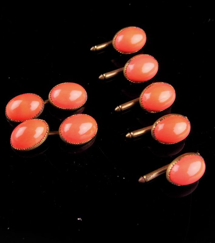 VIctorian coral cufflinks & 5 stud set / Elegant button studs / Antique tuxedo accessory /vintage cufflinks salmon color Jewelry wedding jewelry