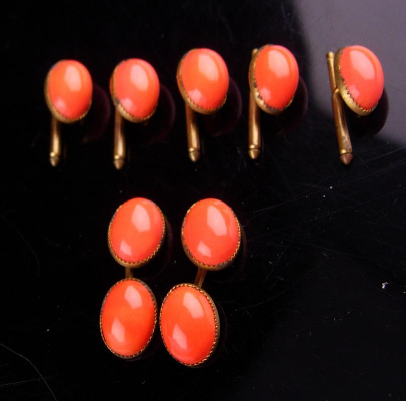 VIctorian coral cufflinks & 5 stud set / Elegant button studs / Antique tuxedo accessory /vintage cufflinks salmon color Jewelry wedding jewelry