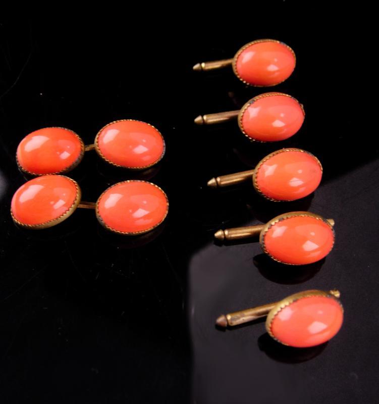 VIctorian coral cufflinks & 5 stud set / Elegant button studs / Antique tuxedo accessory /vintage cufflinks salmon color Jewelry wedding jewelry