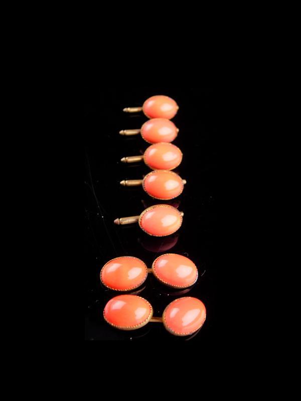 VIctorian coral cufflinks & 5 stud set / Elegant button studs / Antique tuxedo accessory /vintage cufflinks salmon color Jewelry wedding jewelry