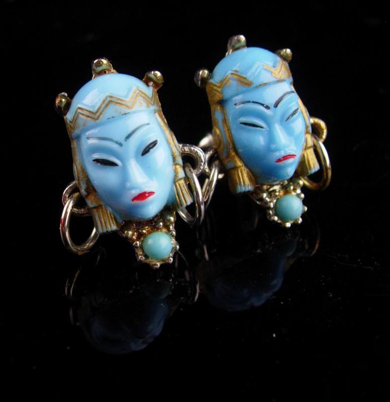 Vintage GODDESS Cufflinks / blue asian heads / Oriental head with earrings / selro jewelry / asian princess / mask set / theater gift
