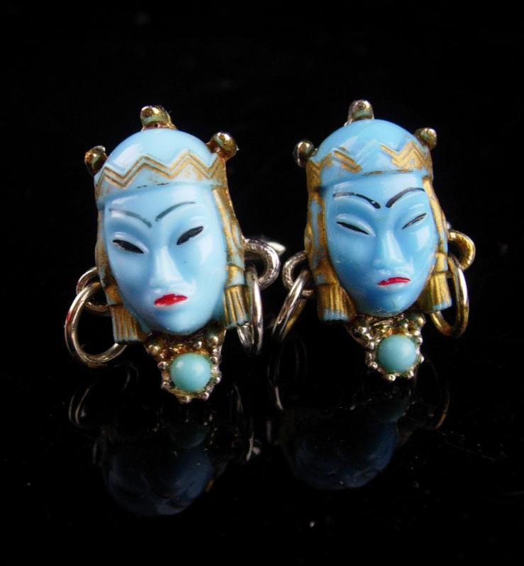 Vintage GODDESS Cufflinks / blue asian heads / Oriental head with earrings / selro jewelry / asian princess / mask set / theater gift