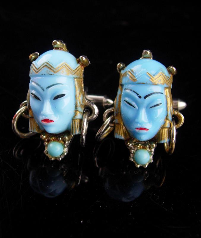 Vintage GODDESS Cufflinks / blue asian heads / Oriental head with earrings / selro jewelry / asian princess / mask set / theater gift