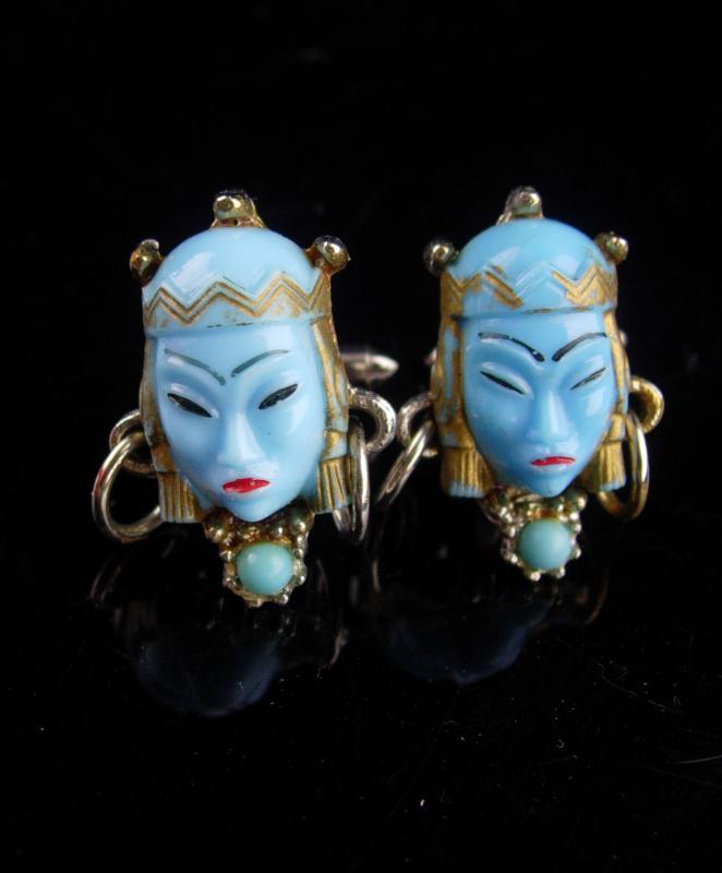 Vintage GODDESS Cufflinks / blue asian heads / Oriental head with earrings / selro jewelry / asian princess / mask set / theater gift