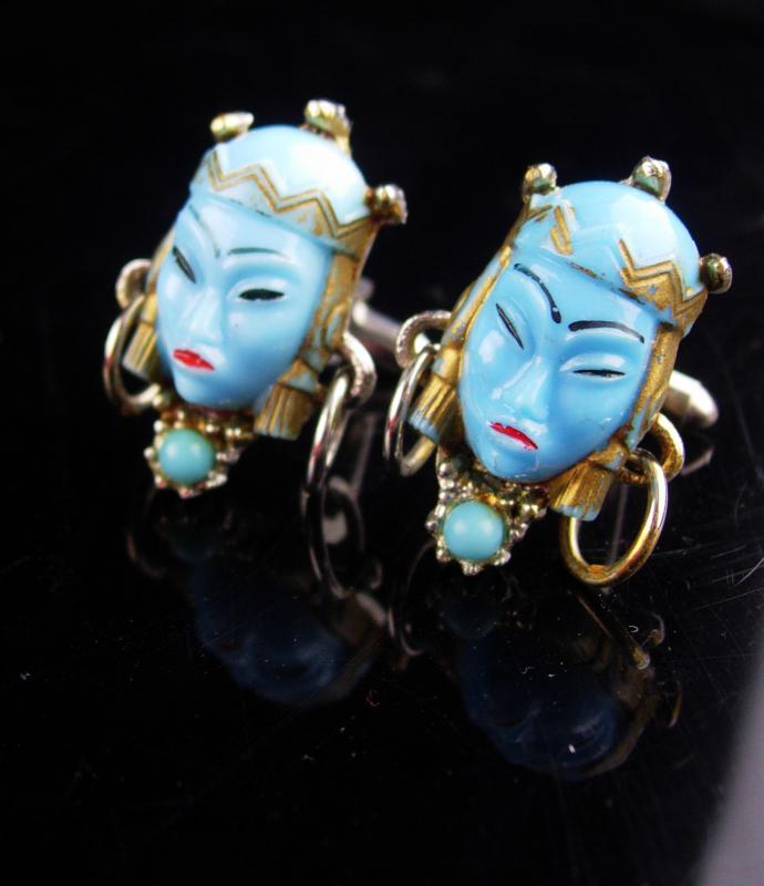 Vintage GODDESS Cufflinks / blue asian heads / Oriental head with earrings / selro jewelry / asian princess / mask set / theater gift