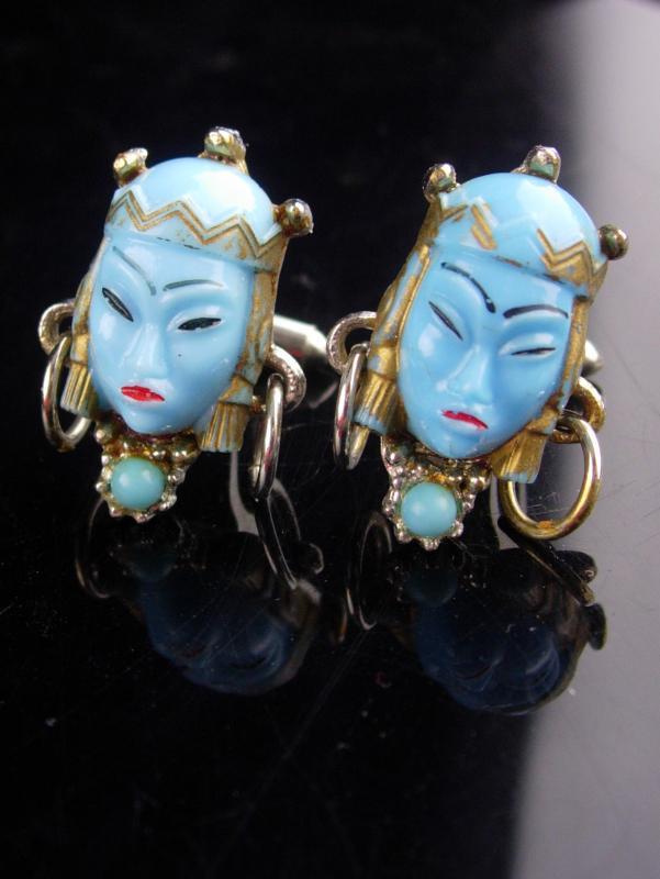 Vintage GODDESS Cufflinks / blue asian heads / Oriental head with earrings / selro jewelry / asian princess / mask set / theater gift