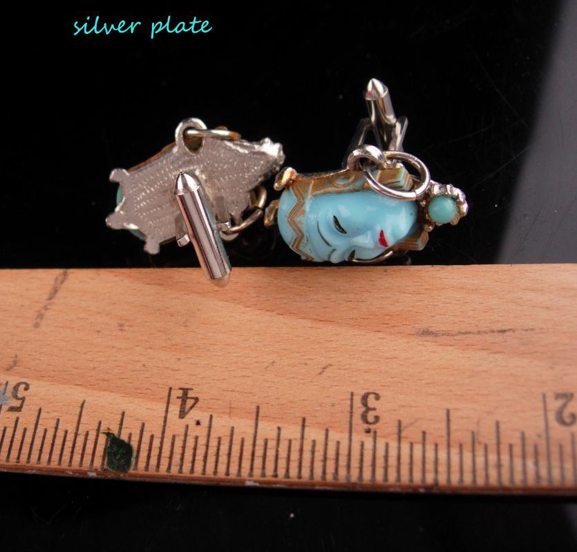 Vintage GODDESS Cufflinks / blue asian heads / Oriental head with earrings / selro jewelry / asian princess / mask set / theater gift