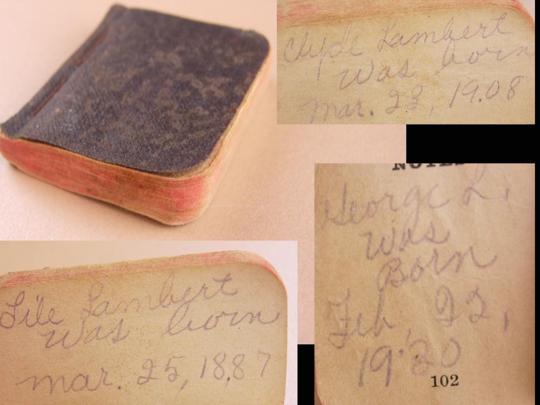 Lambert Family Baby Bible miniature Geneology Lile clyde fred ben george herbert j.h. clara wright warren Euna clarence and lee 1888 and up