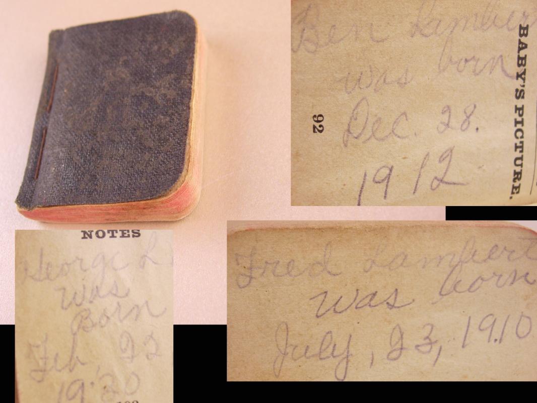 Lambert Family Baby Bible miniature Geneology Lile clyde fred ben george herbert j.h. clara wright warren Euna clarence and lee 1888 and up
