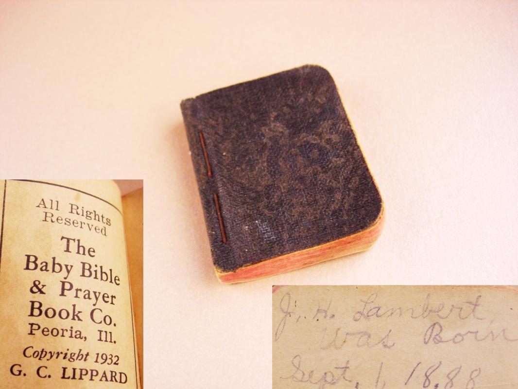 Lambert Family Baby Bible miniature Geneology Lile clyde fred ben george herbert j.h. clara wright warren Euna clarence and lee 1888 and up