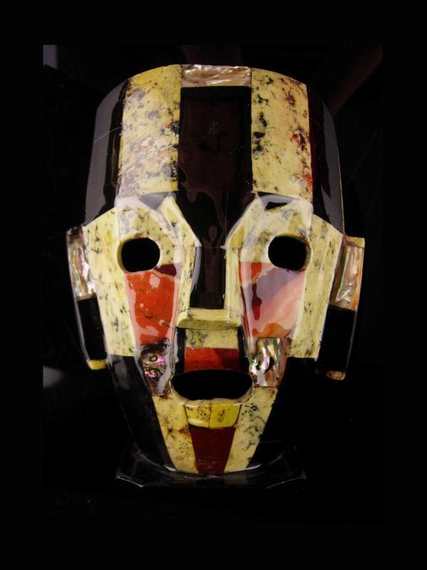 Bizarre Death Mask / Vintage tribal mosaic mask / obsidian & mother of pearl / Abstract 3D Figural Face / free standing