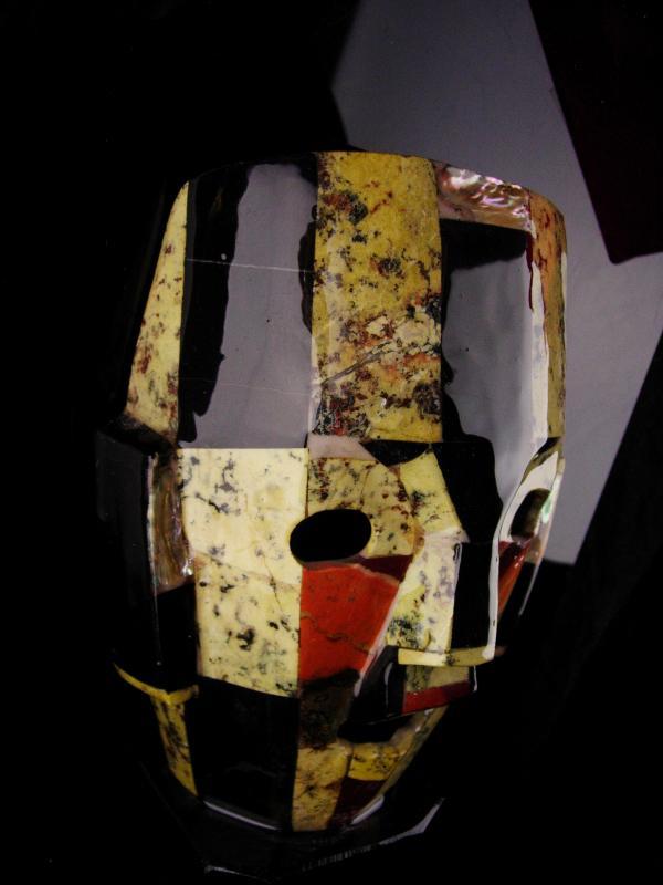Bizarre Death Mask / Vintage tribal mosaic mask / obsidian & mother of pearl / Abstract 3D Figural Face / free standing