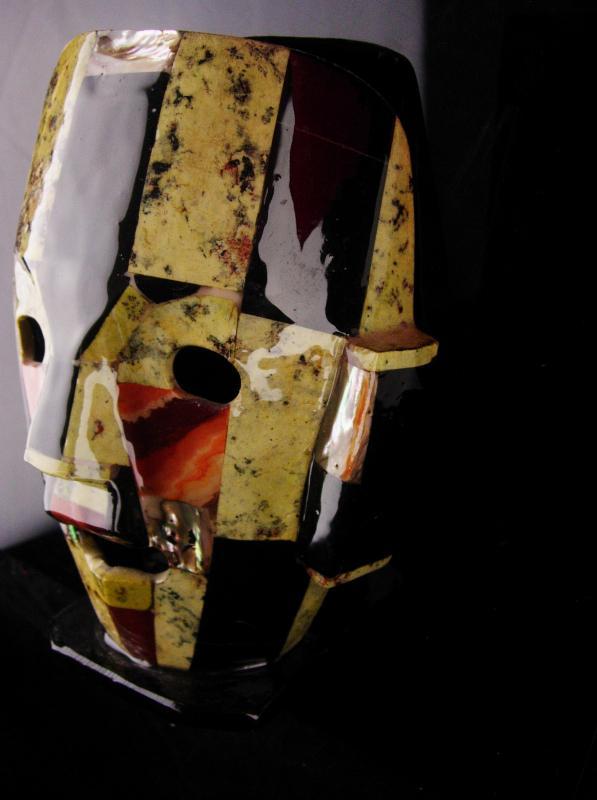 Bizarre Death Mask / Vintage tribal mosaic mask / obsidian & mother of pearl / Abstract 3D Figural Face / free standing