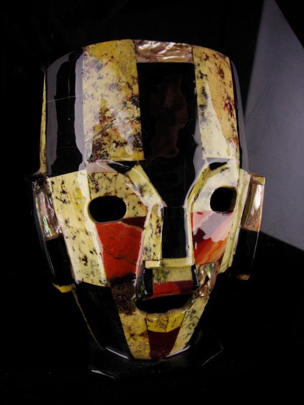 Bizarre Death Mask / Vintage tribal mosaic mask / obsidian & mother of pearl / Abstract 3D Figural Face / free standing