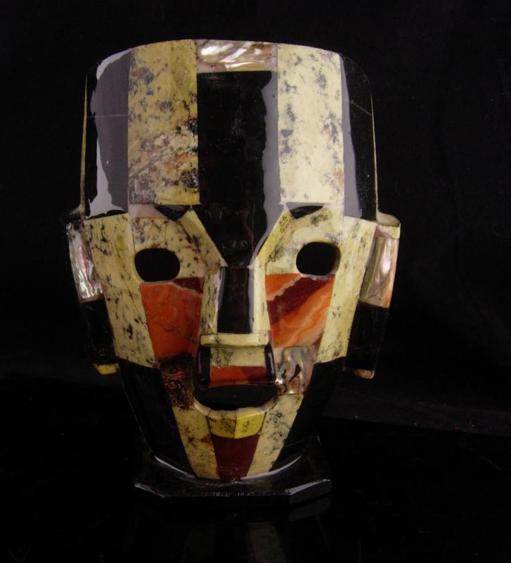 Bizarre Death Mask / Vintage tribal mosaic mask / obsidian & mother of pearl / Abstract 3D Figural Face / free standing