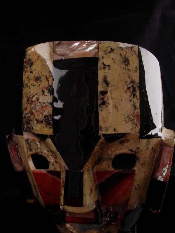 Bizarre Death Mask / Vintage tribal mosaic mask / obsidian & mother of pearl / Abstract 3D Figural Face / free standing