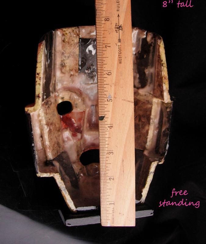 Bizarre Death Mask / Vintage tribal mosaic mask / obsidian & mother of pearl / Abstract 3D Figural Face / free standing