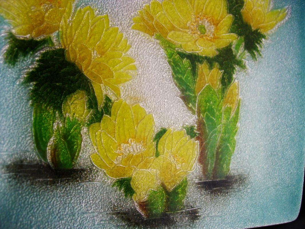 Mid century modern Tray / Enamel copper Trinket tray / yellow daisy trinket dish 4 1/2