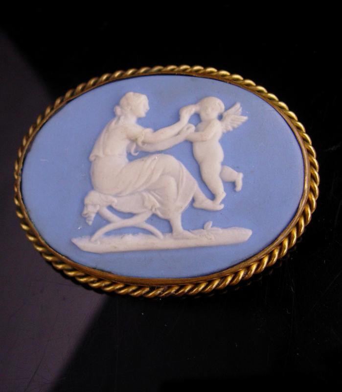 Large Antique Wedgwood Brooch - Cameo Angel - Blue Jasperware pin - new mother gift - victorian cupid brooch - sympathy gift -1800 c clasp
