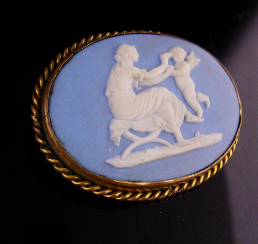 Large Antique Wedgwood Brooch - Cameo Angel - Blue Jasperware pin - new mother gift - victorian cupid brooch - sympathy gift -1800 c clasp