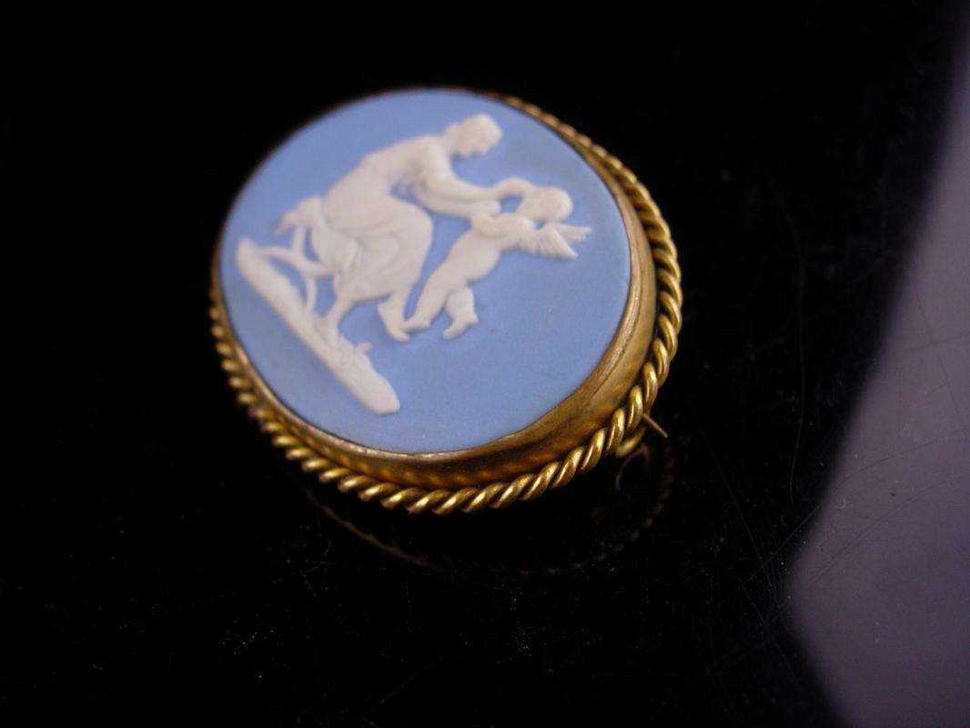 Large Antique Wedgwood Brooch - Cameo Angel - Blue Jasperware pin - new mother gift - victorian cupid brooch - sympathy gift -1800 c clasp